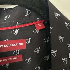 Black Button-Up Shirt with White Hand Icon Print